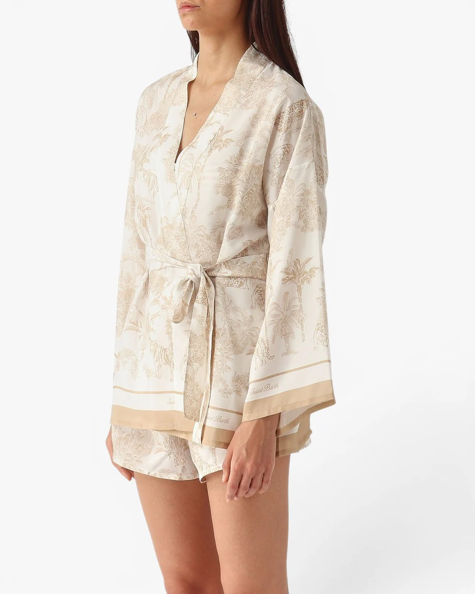 MC2 SAINT BARTH Kimono Carly Silk Habotai Foulard Jungle Oceania Beige - Image 3
