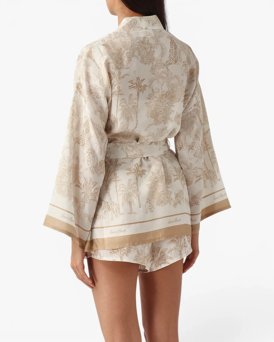 MC2 SAINT BARTH Kimono Carly Silk Habotai Foulard Jungle Oceania Beige - Image 4