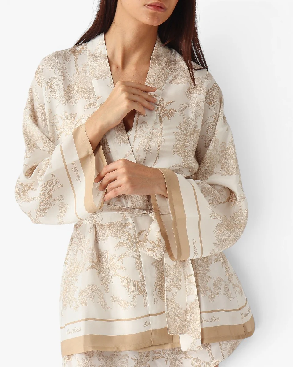 MC2 SAINT BARTH Kimono Carly Silk Habotai Foulard Jungle Oceania Beige - Image 5