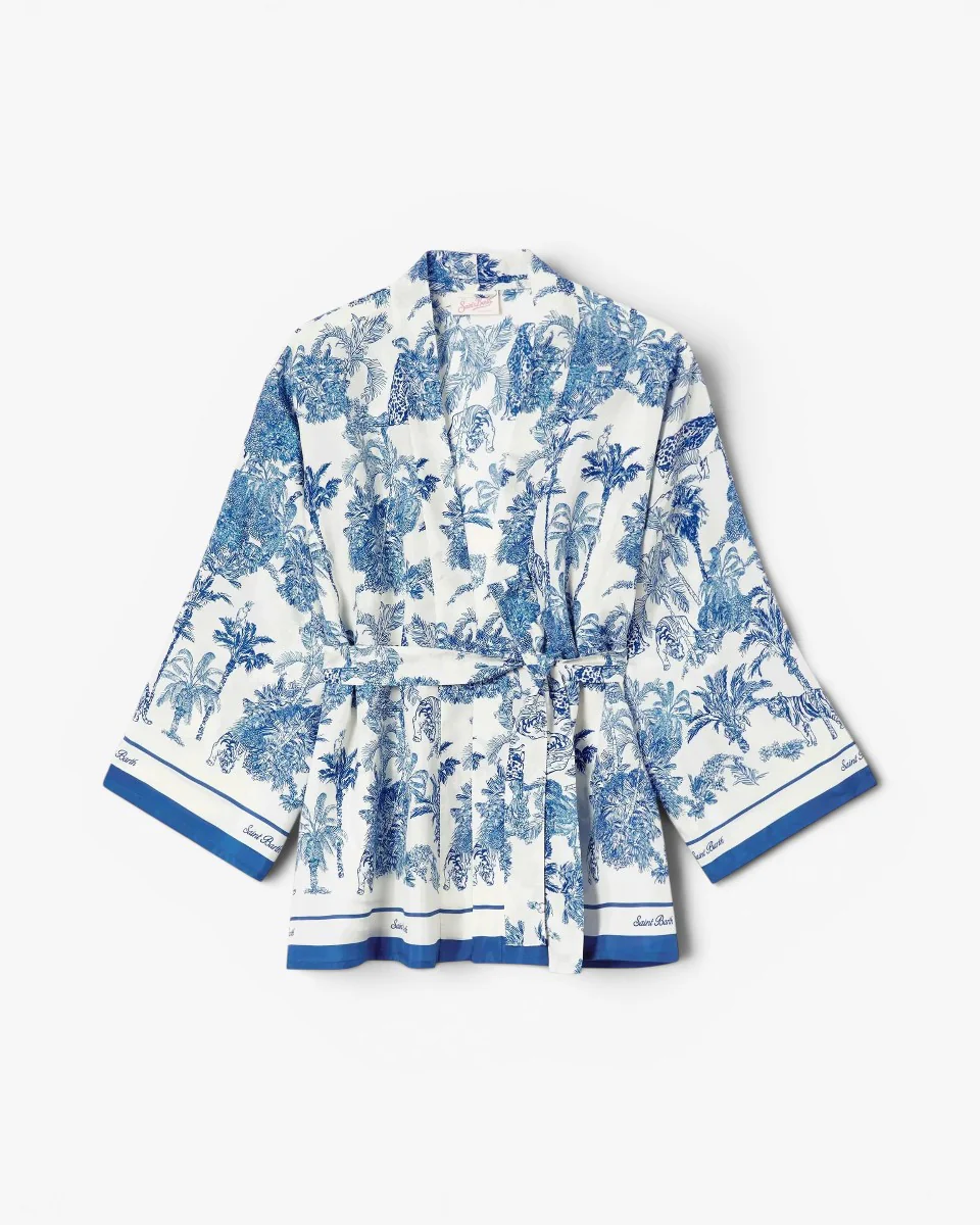 MC2 SAINT BARTH Kimono Carly Silk Habotai Foulard Jungle Oceania Blue - Image 2
